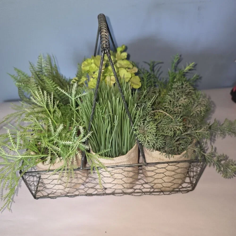 6 Artificial Plants In Burlap Containers In Metal Chicken Wire Carrier w Handle